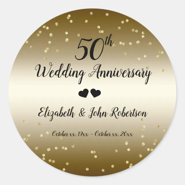 Golden 50th Wedding Anniversary Confetti Elegant Classic Round Sticker ...