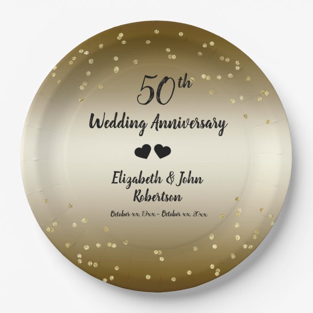 Golden 50th Wedding Anniversary Confetti Elegant Paper Plates (Front)
