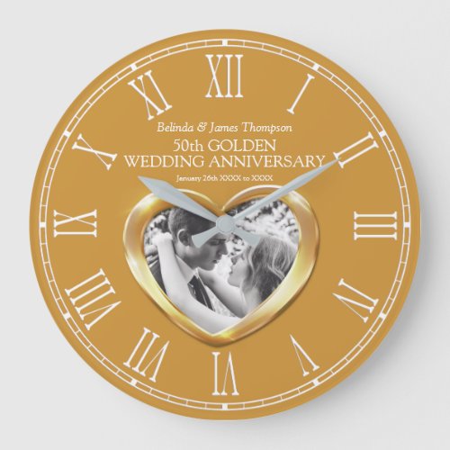 Golden 50th wedding anniversary custom photo heart large clock