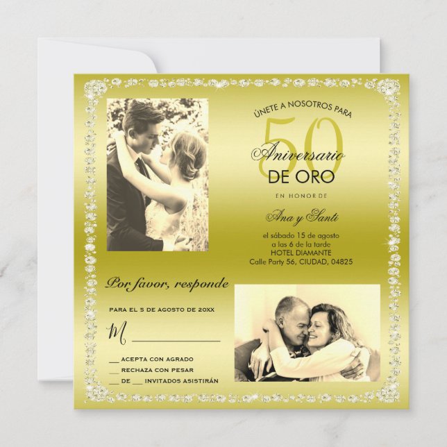 Golden 50th Wedding Anniversary Double Photo Invitation (Front)