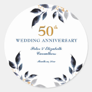 Golden 50th Wedding Anniversary, Gold And Navy Classic Round Sticker