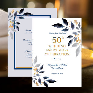 Golden 50th Wedding Anniversary Gold And Navy Invitation