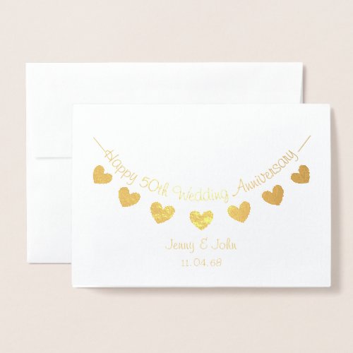 Golden 50th Wedding Anniversary heart bunting card