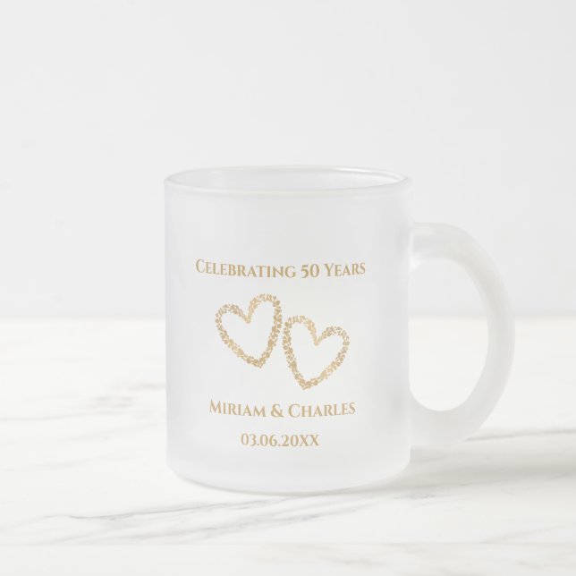 Golden 50th Wedding Anniversary Heart Personalized Frosted Glass Coffee Mug (Right)