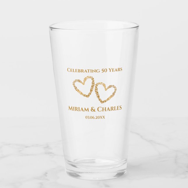 Golden 50th Wedding Anniversary Heart Personalized Glass (Front)