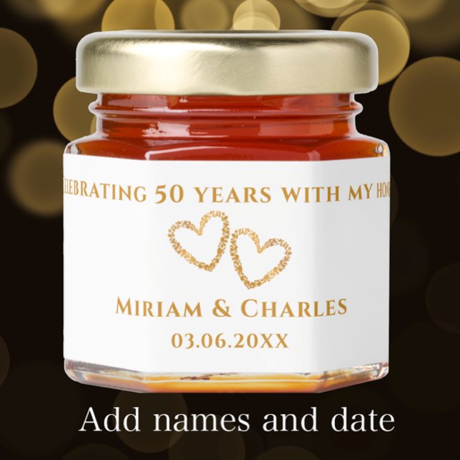 Golden 50th Wedding Anniversary Heart Personalized Honey Jar Favors (Personalize this sweet little jar of honey for a unique golden 50th wedding anniversary party favor.)