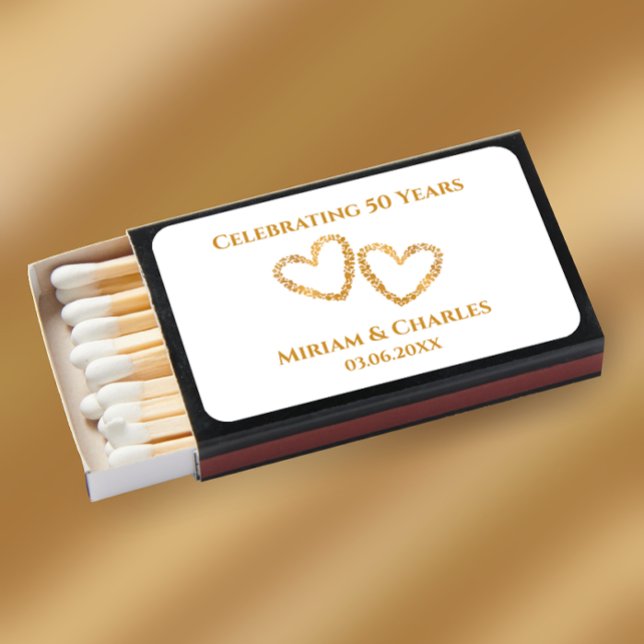 Golden 50th Wedding Anniversary Heart Personalized Matchboxes (Golden hearts 50th wedding anniversary party personalized party favor gift
)