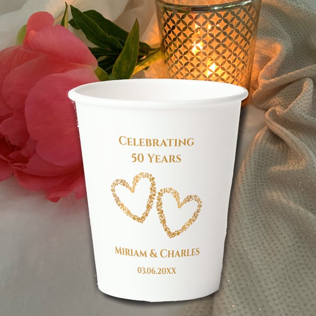 Golden 50th Wedding Anniversary Heart Personalized Paper Cups (Add couple’s names for personalized golden 50th anniversary party paper cups. Golden gradient hearts)