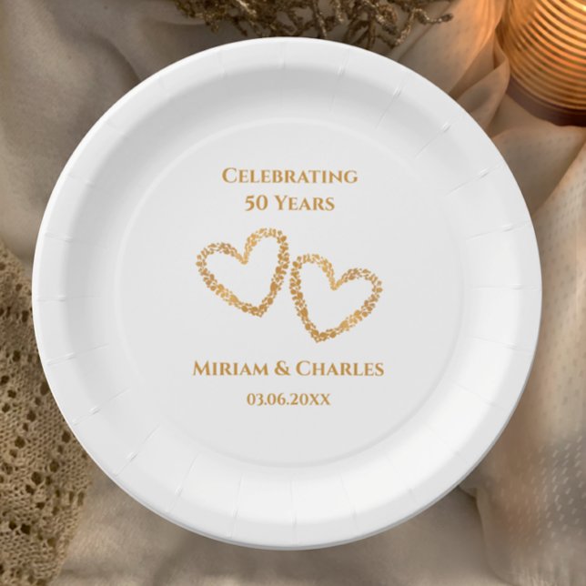 Golden 50th Wedding Anniversary Heart Personalized Paper Plates (Custom name and date golden heart 50th anniversary paper party plates, custom elegant modern.
)