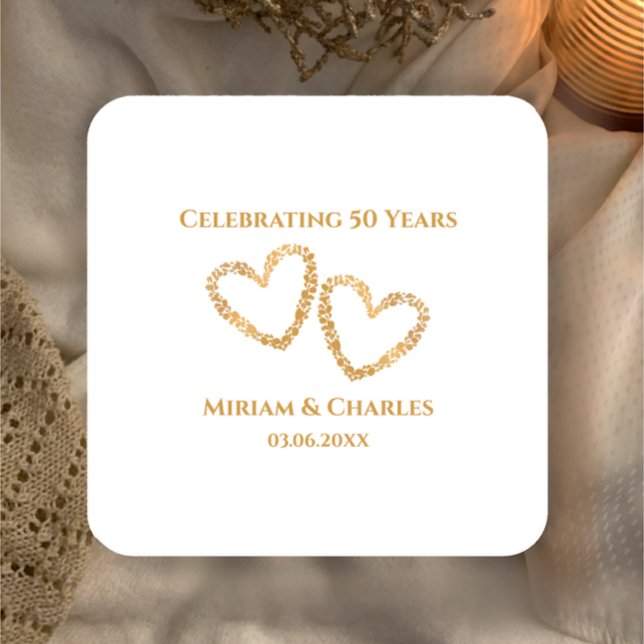 Golden 50th Wedding Anniversary Heart Personalized Square Paper Coaster (Personalize these simple elegant golden heart coasters for stylish 50th wedding anniversary table
)