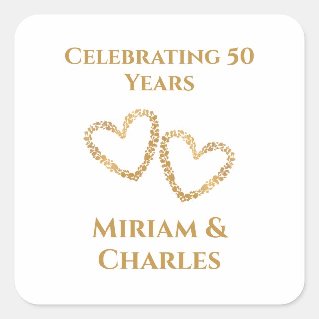 Golden 50th Wedding Anniversary Heart Personalized Square Sticker (Front)