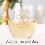 Golden 50th Wedding Anniversary Heart Personalized Stemless Wine Glass<br><div class="desc">Add the couple's names to these beautiful golden 50th wedding anniversary stemless wine glasses. The golden tan simple, modern script is not real foil but faux gold. All the elegant typography is editable. Personalize these elegant keepsake glasses with the couples names and wedding anniversary date for a beautiful party table....</div>
