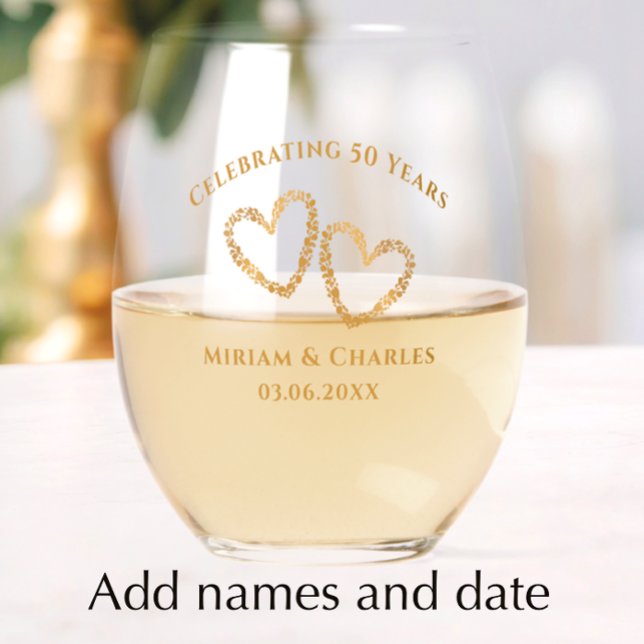 Golden 50th Wedding Anniversary Heart Personalized Stemless Wine Glass (Add couple’s names and anniversary date for a unique custom keepsake glass 50th anniversary gift.)
