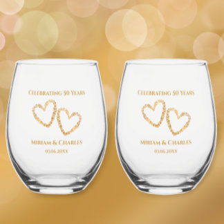 Golden 50th Wedding Anniversary Heart Personalized Stemless Wine Glass