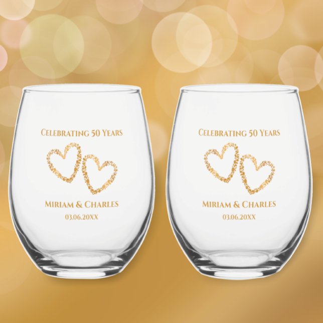 Golden 50th Wedding Anniversary Heart Personalized Stemless Wine Glass (Add couple’s names and golden anniversary date for elegant heart personalized keepsake party glass
)