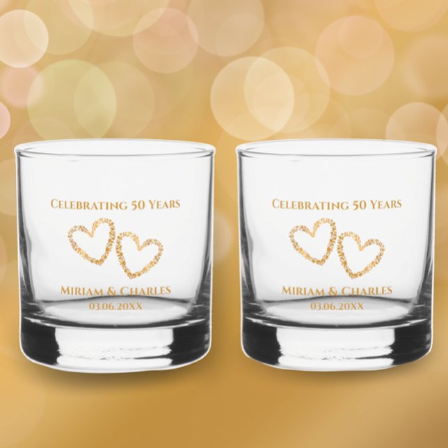 Golden 50th Wedding Anniversary Heart Personalized Whiskey Glass (Add couple’s names and 50th anniversary date for golden heart keepsake gift glasses.
)