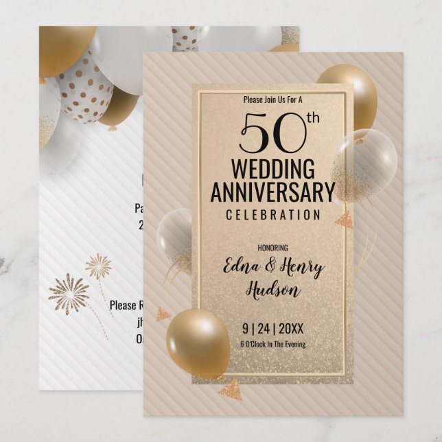 Golden 50th Wedding Anniversary Invitation (Front/Back)