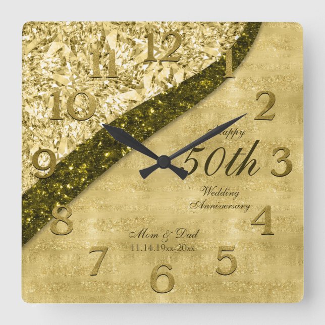 Golden 50th Wedding Anniversary Keepsake Square Wall Clock (Front)