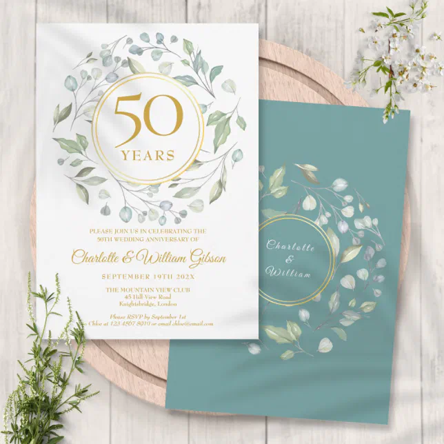 Golden 50th Wedding Anniversary Laurel Greenery Invitation | Zazzle