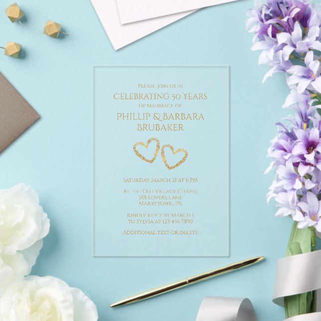Golden 50th Wedding Anniversary Party Heart Custom Acrylic Invitations (Insitu (Wedding))