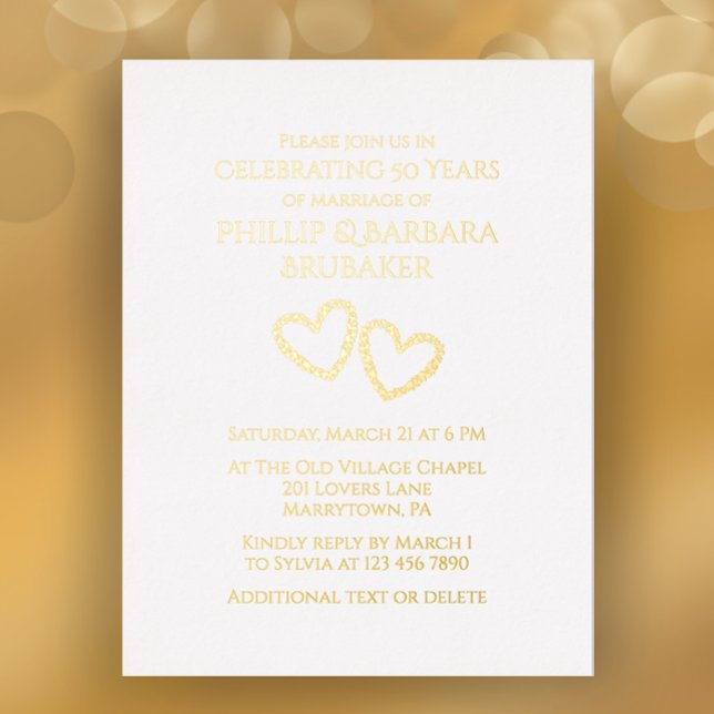 Golden 50th Wedding Anniversary Party Heart Custom Foil Invitation Postcard (Customize this simple elegant gold foil 50th anniversary party invitation, hand drawn hearts.
)