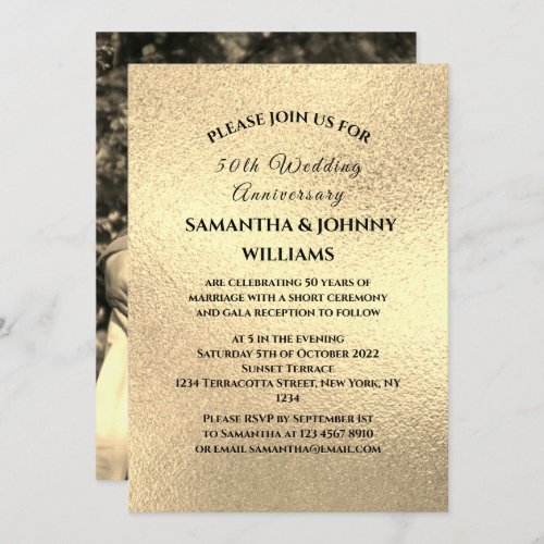 Golden 50th Wedding Anniversary Photo Gold Invitation