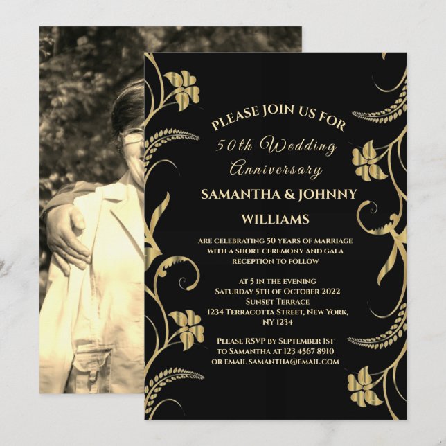 Golden 50th Wedding Anniversary Photo Gold Invitation (Front/Back)