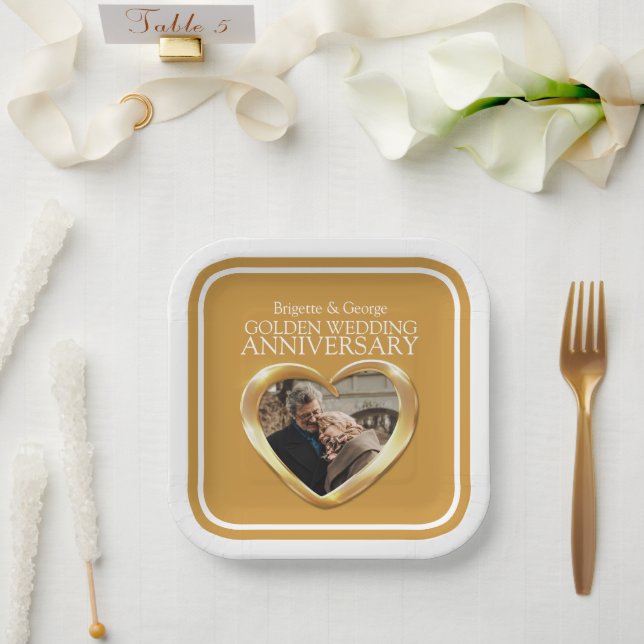 Golden 50th wedding anniversary photo heart square paper plates (Wedding)