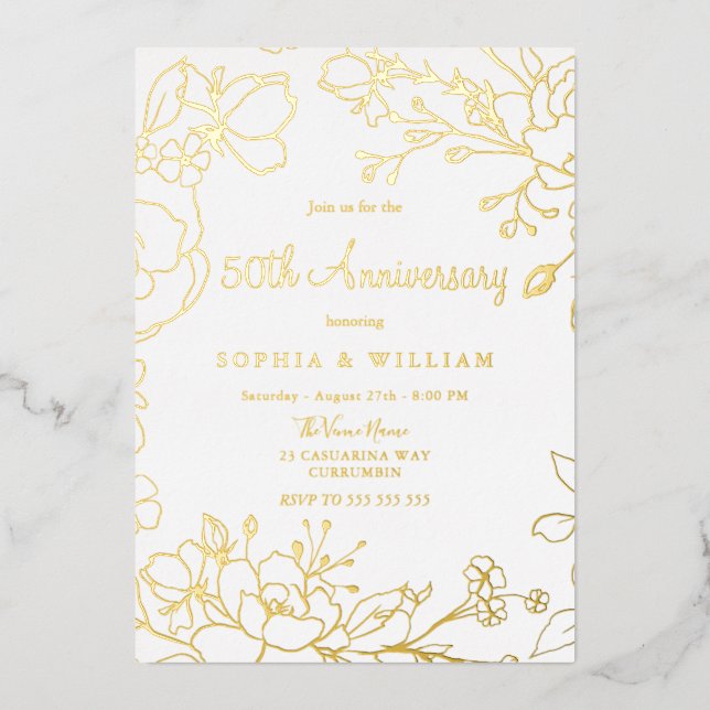 Golden 50th Wedding Anniversary Real Gold Foil Invitation (Front)