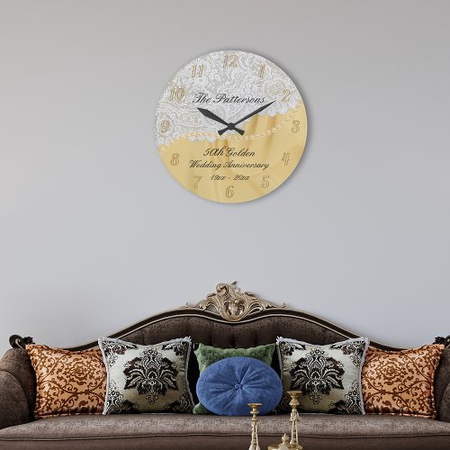 Golden 50th Wedding Anniversary Satin Lace  Large Clock