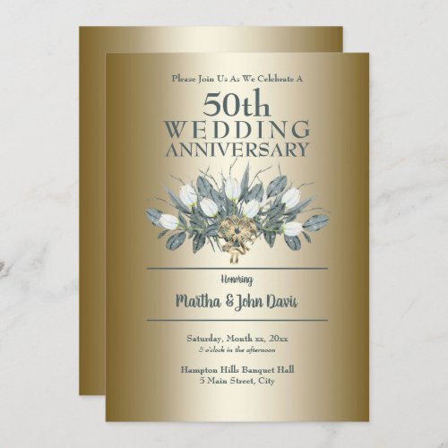 Golden 50th Wedding Anniversary White Floral Invitation