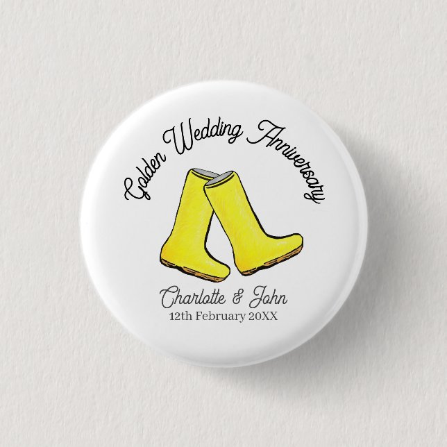 Golden 50th Wedding Anniversary yellow welly boot Button (Front)