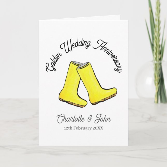 Golden 50th Wedding Anniversary yellow welly boot Card (Front)