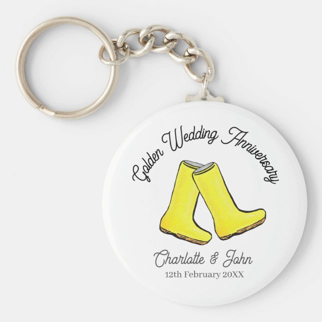 Golden 50th Wedding Anniversary yellow welly boot  Keychain (Front)