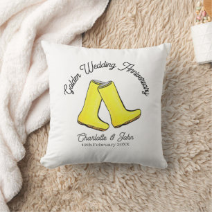 Golden 50th Wedding Anniversary yellow welly boot Throw Pillow