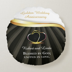 Golden 50th Wedding Religious Anniversary  Round Pillow