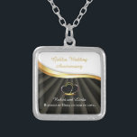 Golden 50th Wedding Religious Anniversary  Silver Plated Necklace<br><div class="desc">This congratulations gift item is the perfect way to commemorate a couple's 50th wedding anniversary with a religious touch. The design features two heart rings intertwined with a gold look on a black background, symbolizing the couple's enduring love and commitment to each other. together. It evokes a sense of divine...</div>