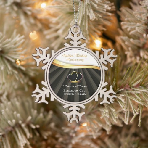 Golden 50th Wedding Religious Anniversary  Snowflake Pewter Christmas Ornament