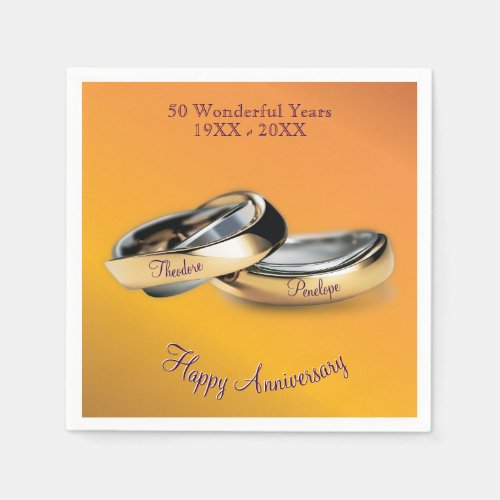 Golden 50th Wedding Rings Anniversary Disposable  Napkins