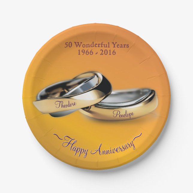 Golden 50th Wedding Rings Anniversary Disposable Paper Plates (Front)
