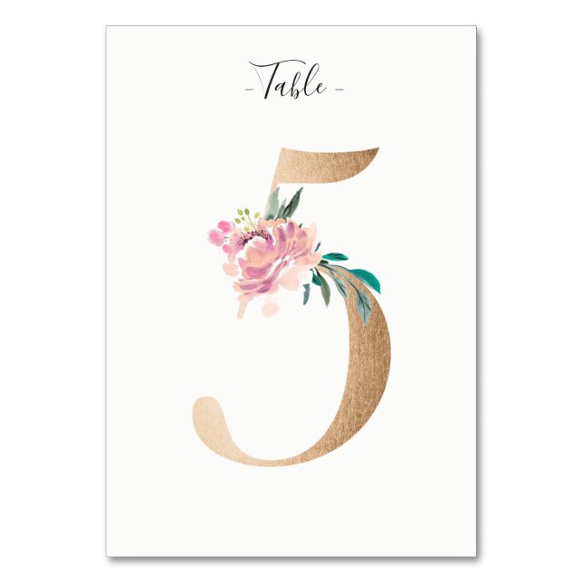 Golden 5 Floral Table Number Card (Front)