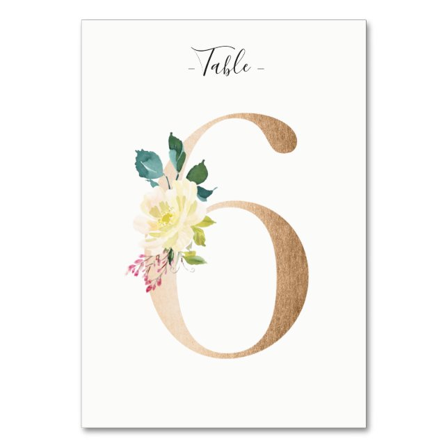 Golden 6 Floral Table Number Card (Front)