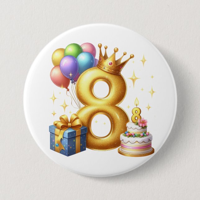 Golden 8th Birthday Button (Front)