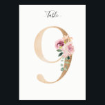 Golden 9 Floral Table Number Card<br><div class="desc">Golden number with soft pastel floral embelishment table number card. Personalize text font style,  size,  and color.</div>
