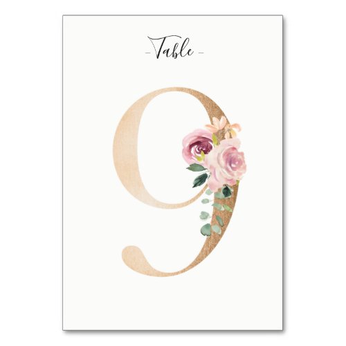 Golden 9 Floral Table Number Card