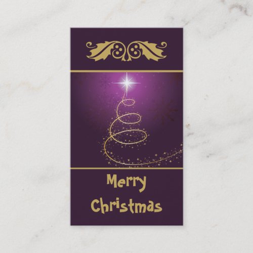 Golden abstract Christmas Tree on glowing purple Business Card Template