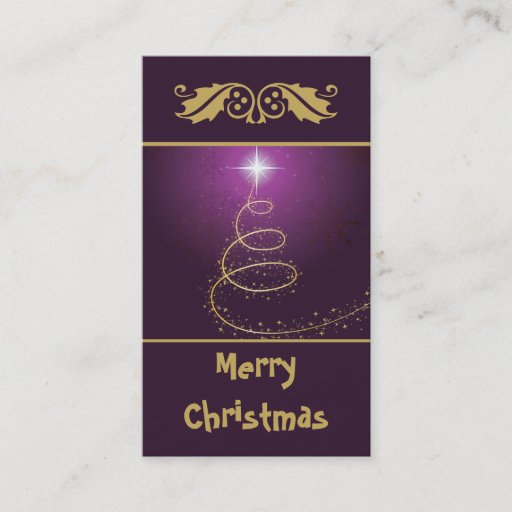 Customizable Golden abstract Christmas Tree on glowing purple Business Card Template