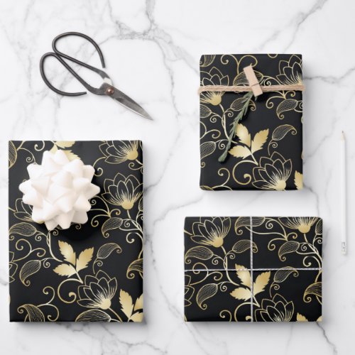 Golden Abstract Floral on Black Background Wrapping Paper Sheets