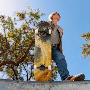 Golden Abstract Marble Modern Waves Skateboard
