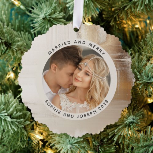 Golden Abstract Married and Merry Christmas Photo Ornament Card
